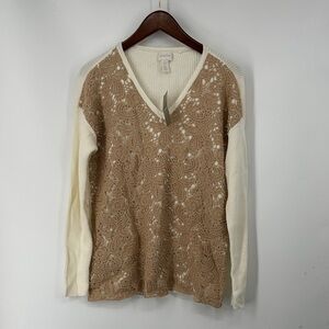 Chico's Cream and Tan V-Neck Sweater
